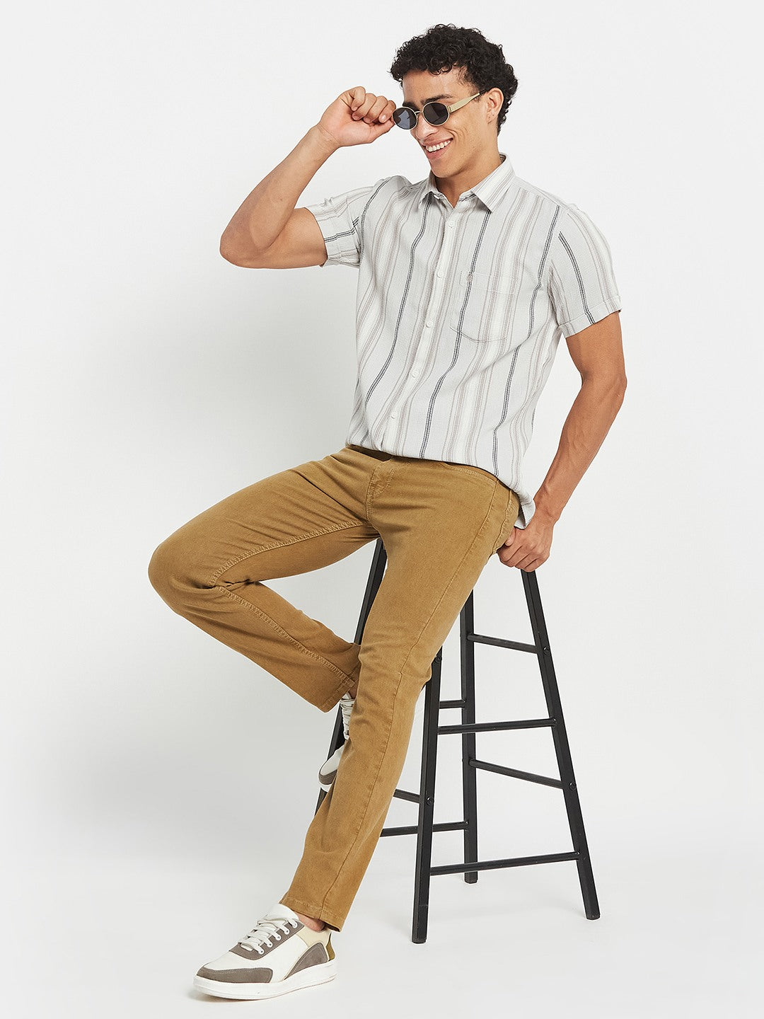 METTLE Men Vertical Striped Spread Collar Cotton Casual Shirt