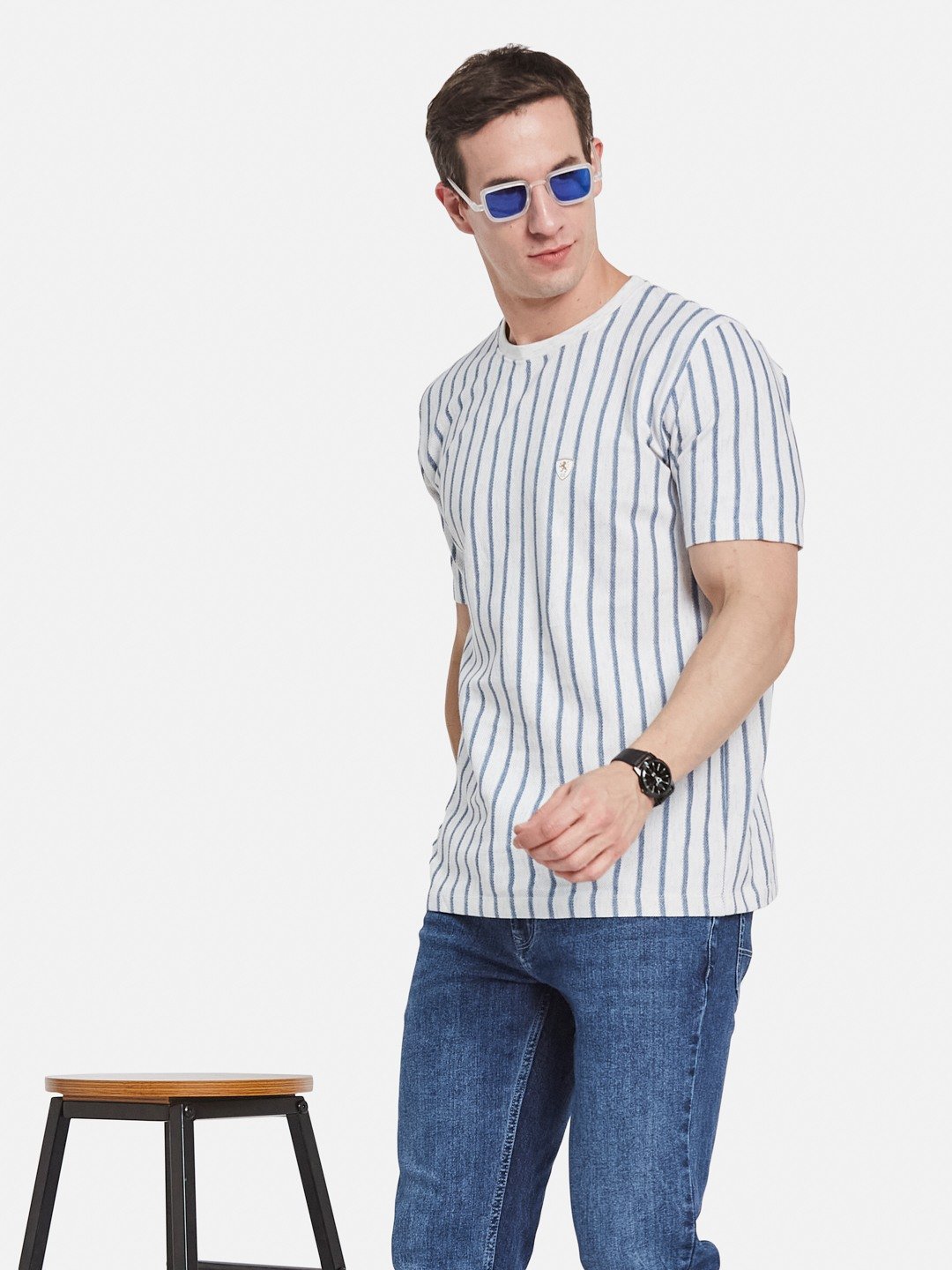 VERTICAL STRIPE ROUND NECK POPCORN KNIT  T-SHIRT