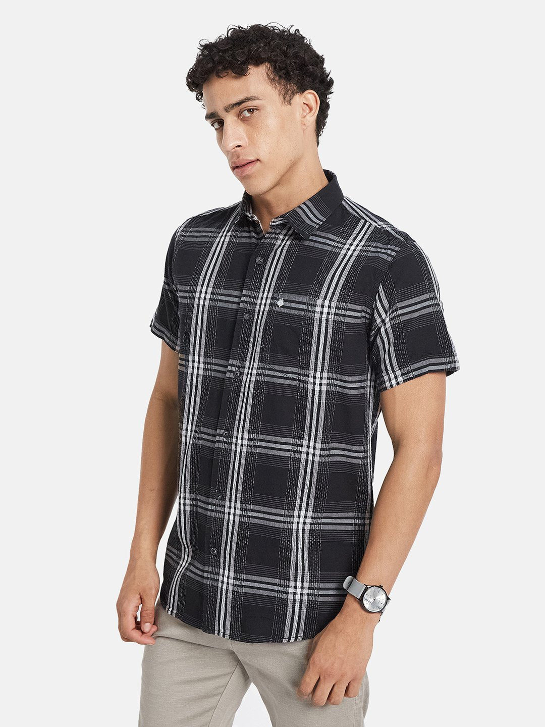 METTLE SS25 Checked Spread Collar Cotton Casual Shirt