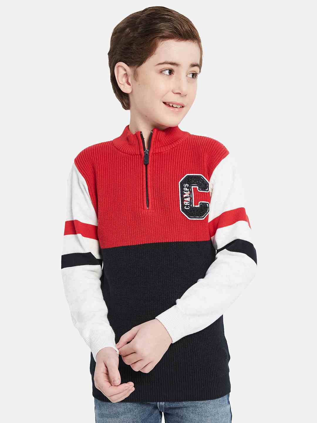 Octave Boys Colourblocked Mock Collar Cotton Pullover Sweater