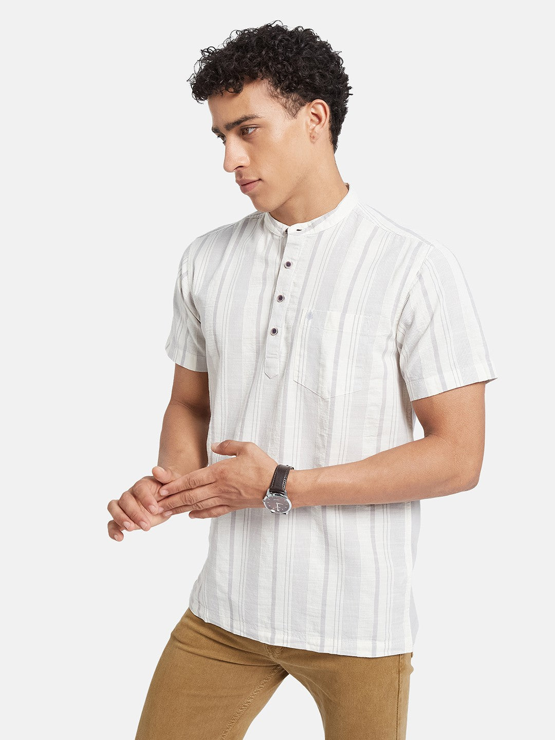 METTLE Striped Mandarin Collar Cotton Casual Shirt