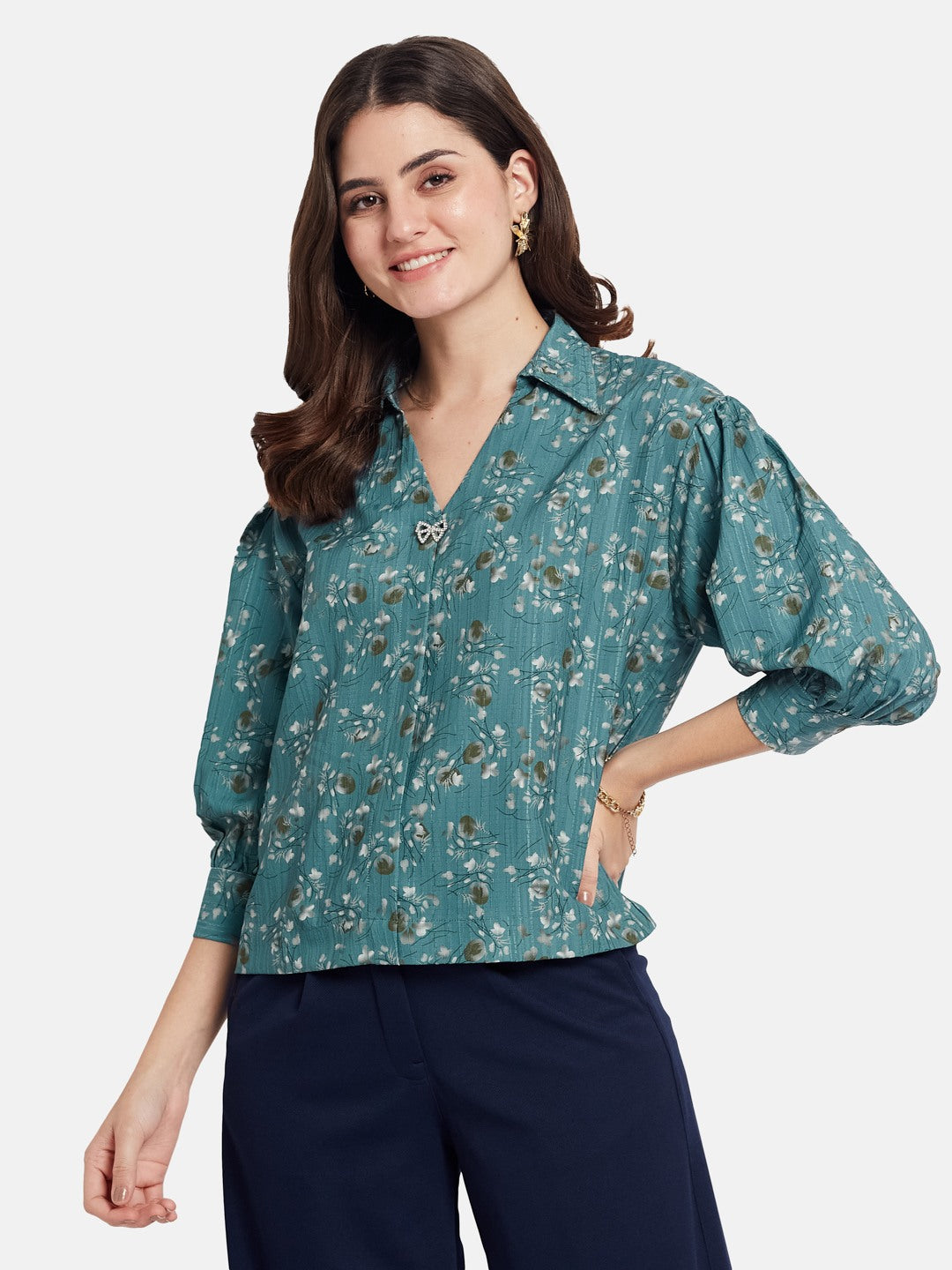 METTLE Women Floral Printed Shirt Collar Cotton Top