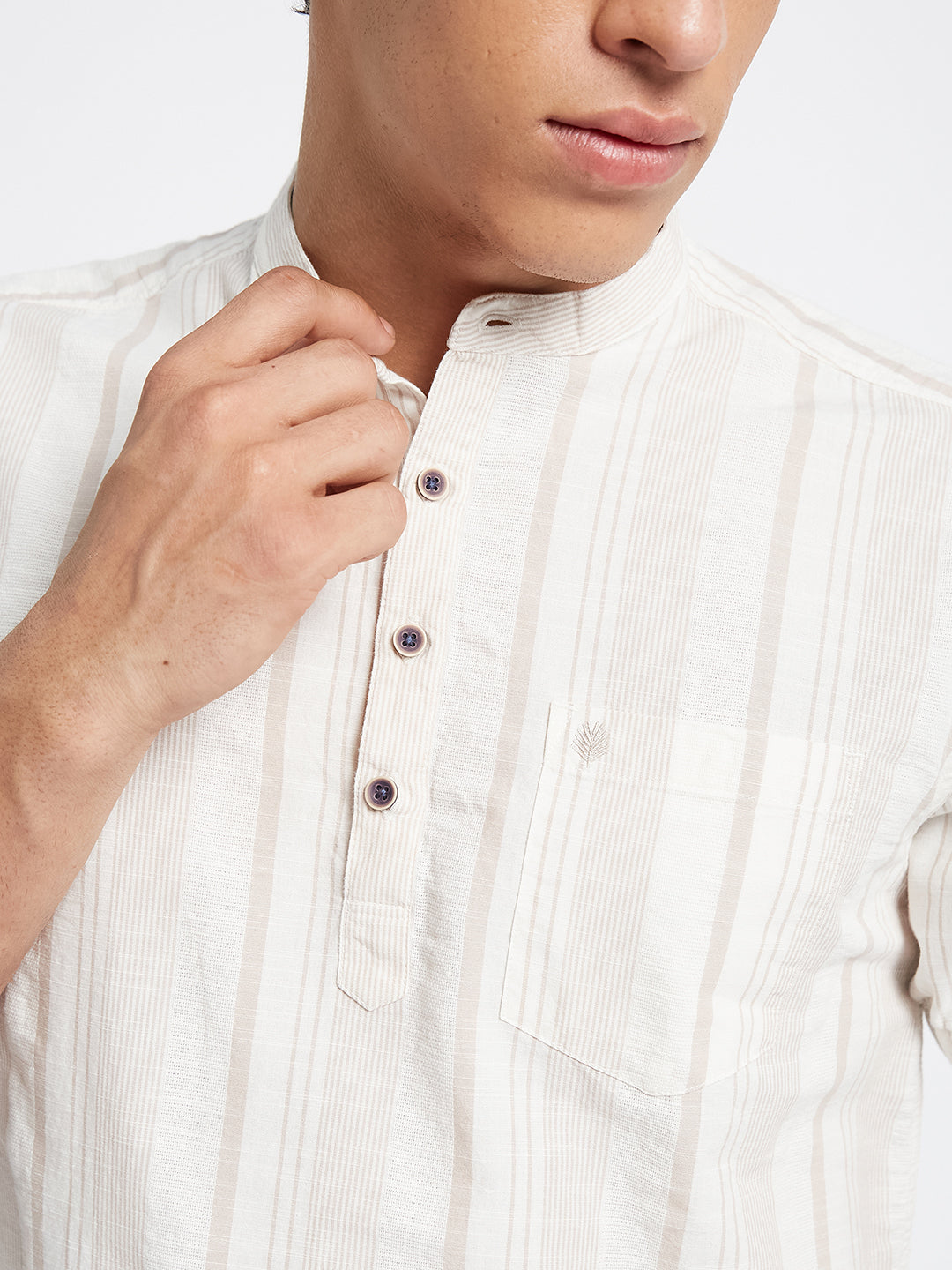 METTLE Striped Mandarin Collar Casual Cotton Shirt