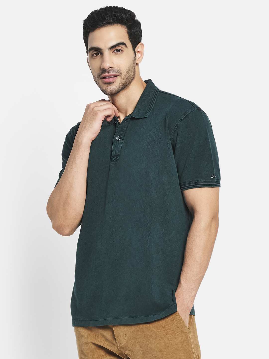 Octave Men Green Checked Polo Collar T-Shirt