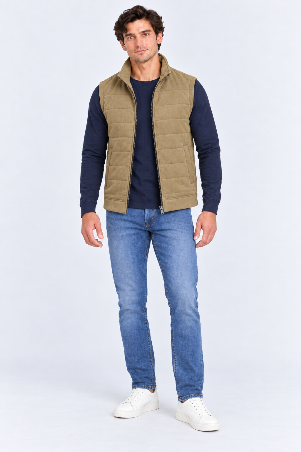 Men’s Khaki Quilted Knitted Suede Puffer Gilet – Regular Fit Full Zip Sleeveless Jacket