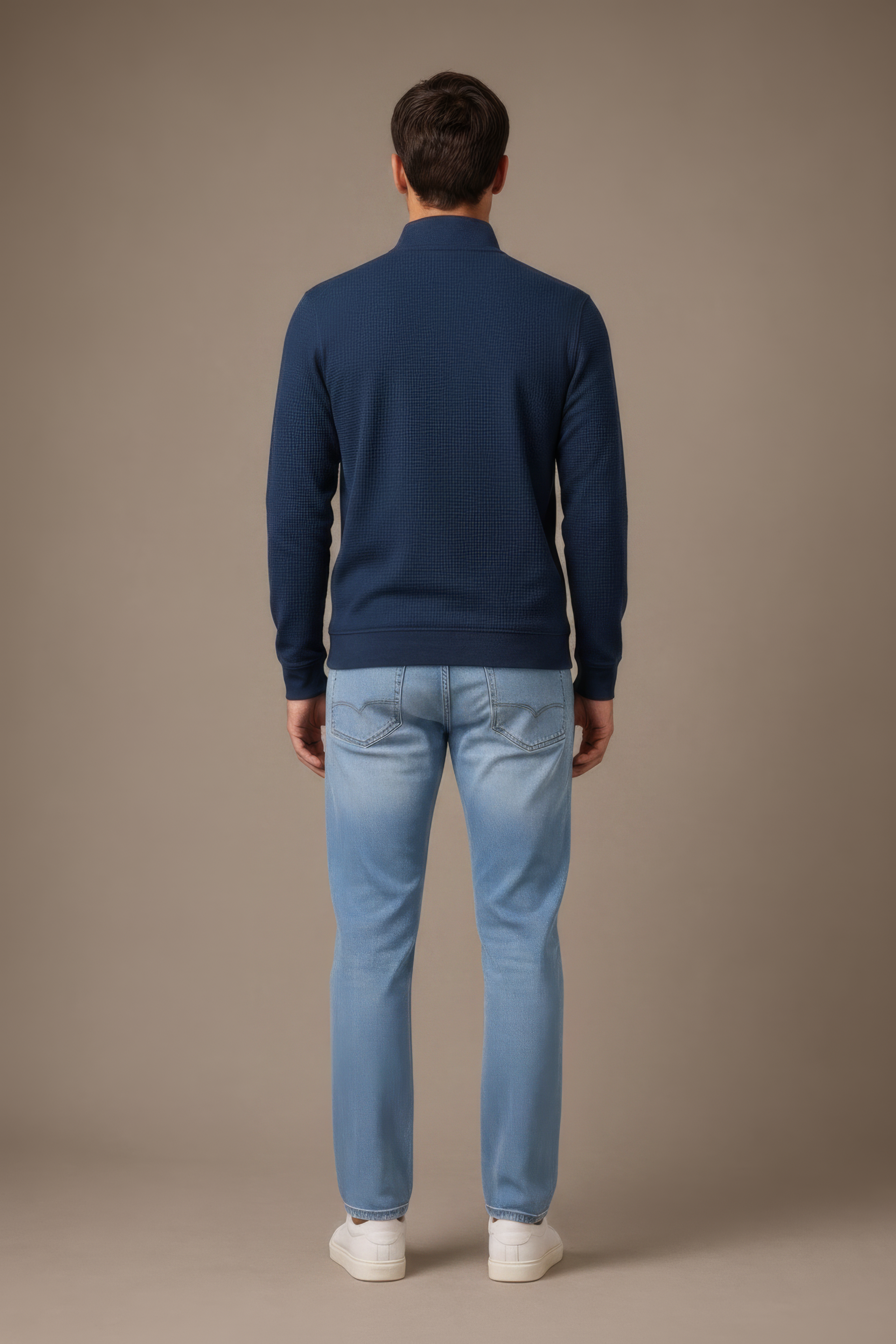 Men’s Dark Navy Standing Collar Half Zipper Sweatshirt - Brushed Seer Sucker Fabric