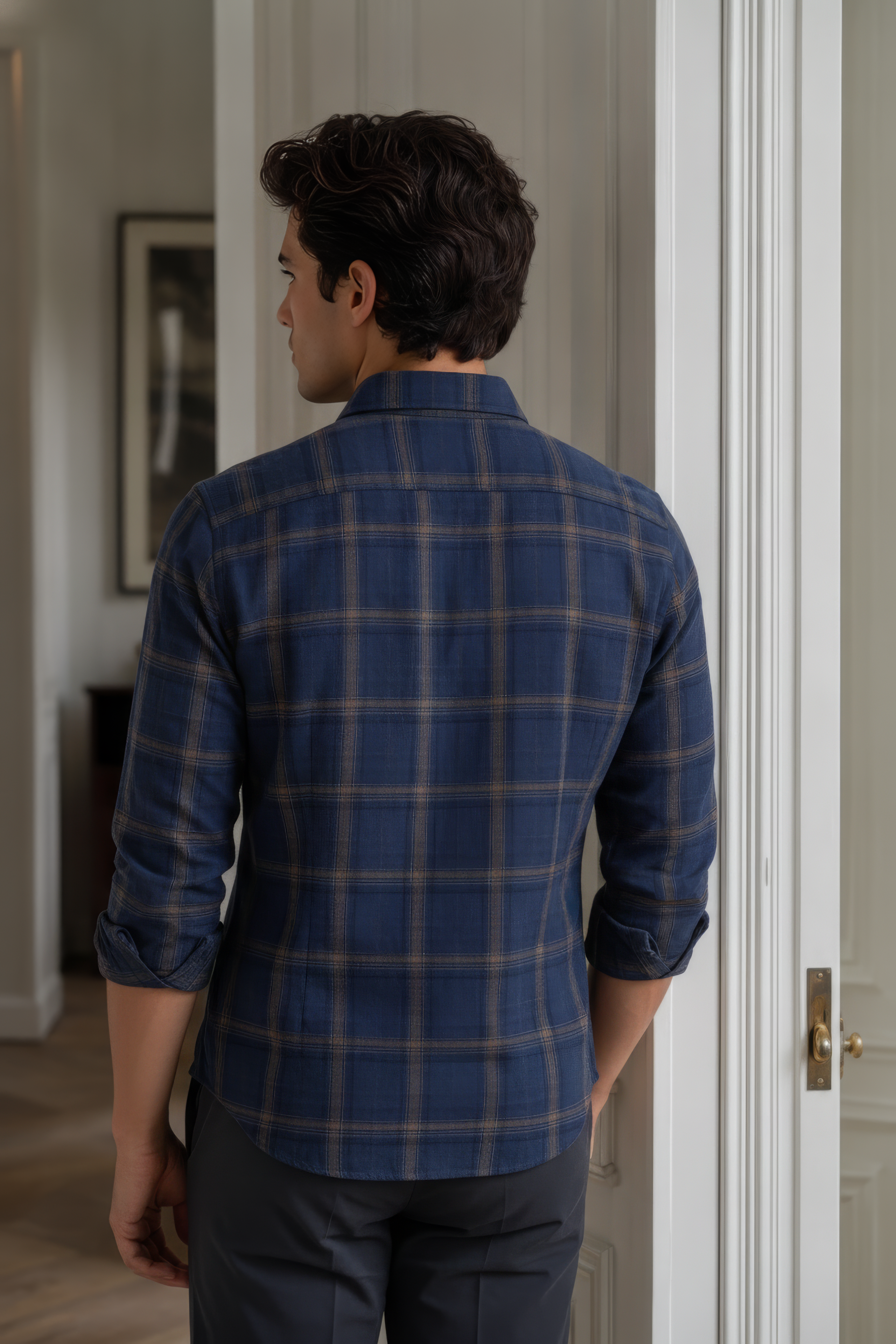 Men’s Navy Check Corduroy Cotton Full-Sleeve Shirt