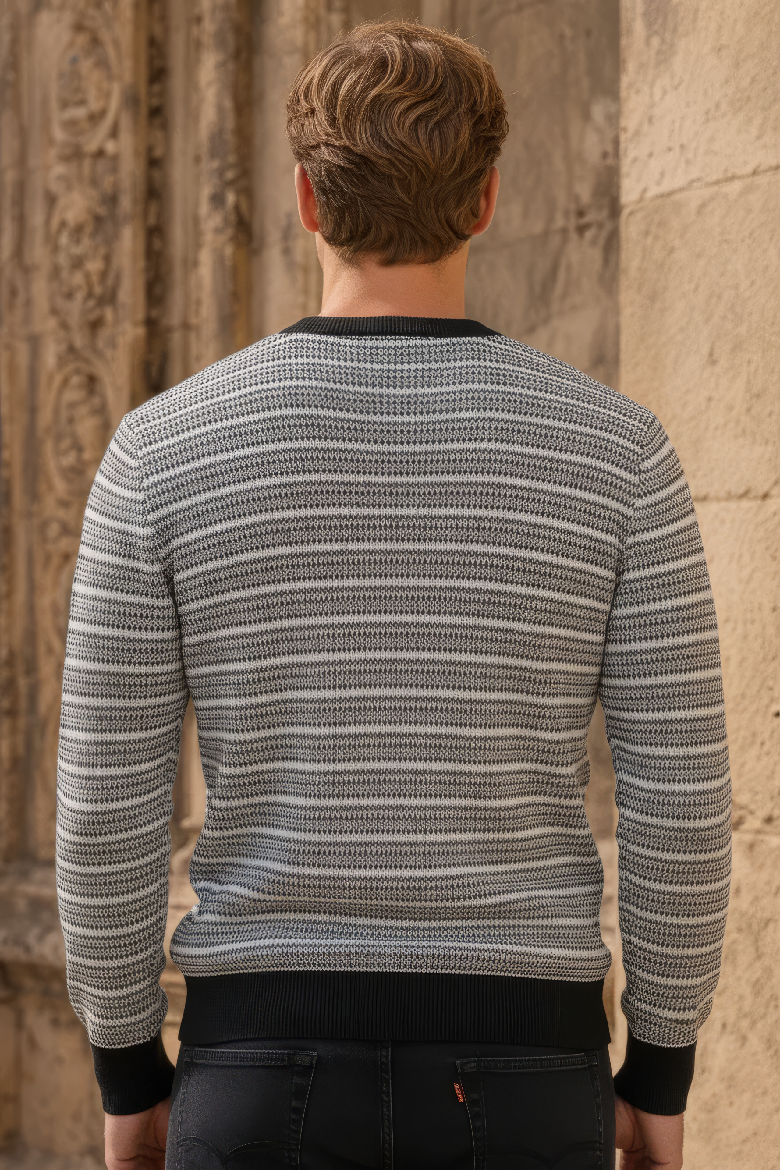 Men’s Dark Navy Jacquard Cotton Round-Neck Full-Sleeve Winter Sweater