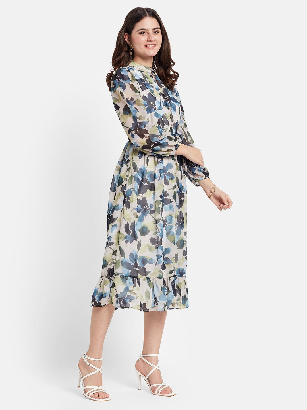 METTLE Floral Print Puff Sleeves Mock Neck Fit & Flare Dress