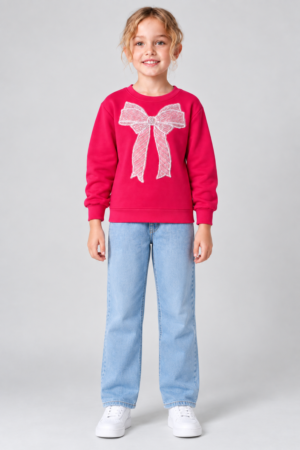 Junior Girls Hot Pink German Velvet Regular Fit Bow Embellished Sweatshirt