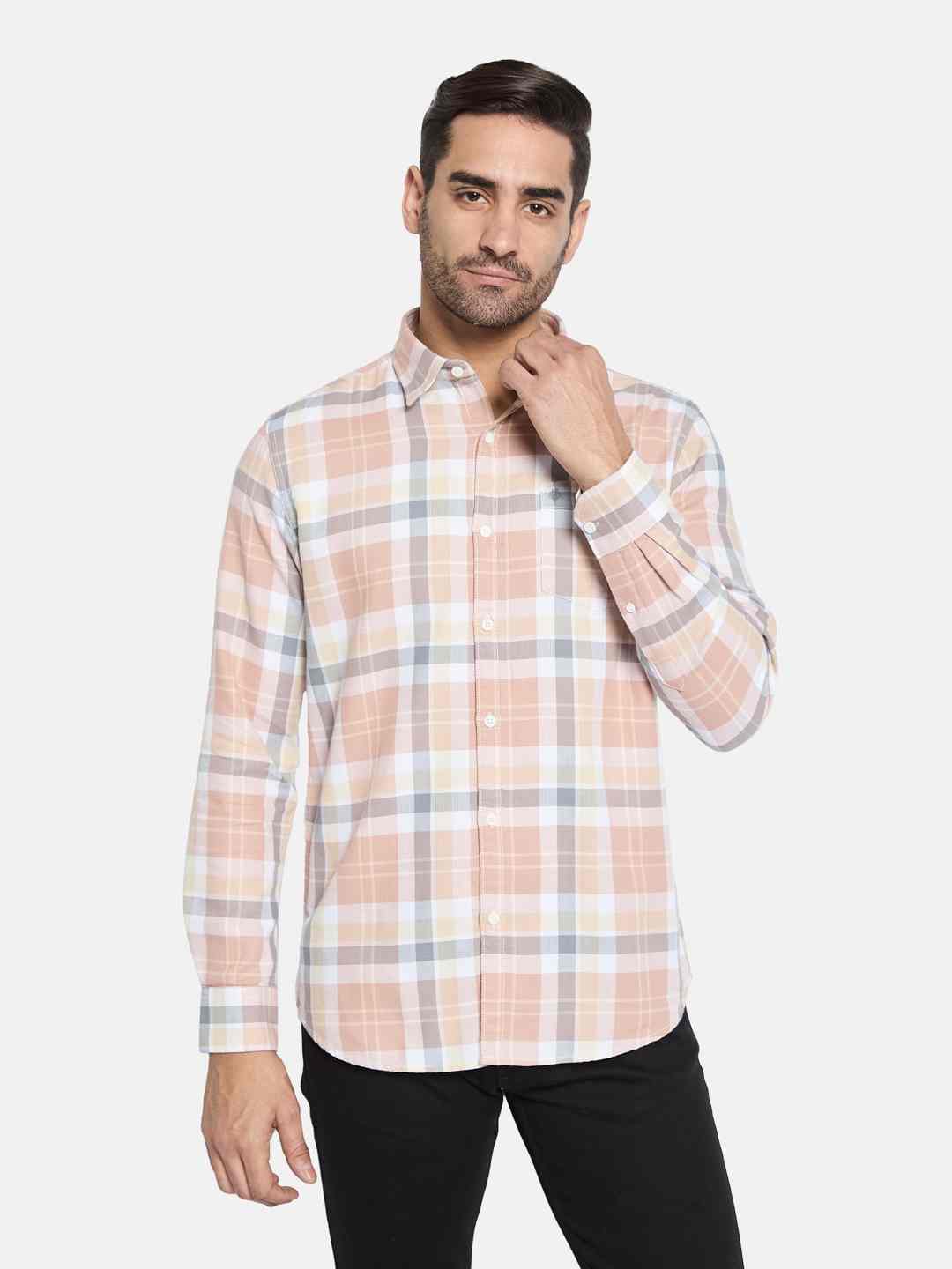 METTLE Men Spread Collar Tartan Checked Cotton Casual Shirt