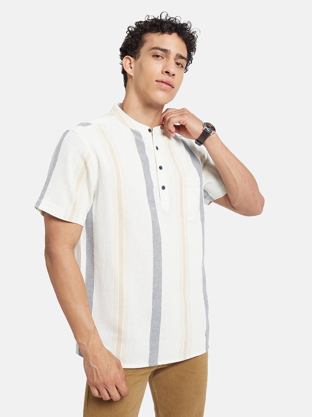 METTLE Men Striped Mandarin Collar Cotton T-shirt