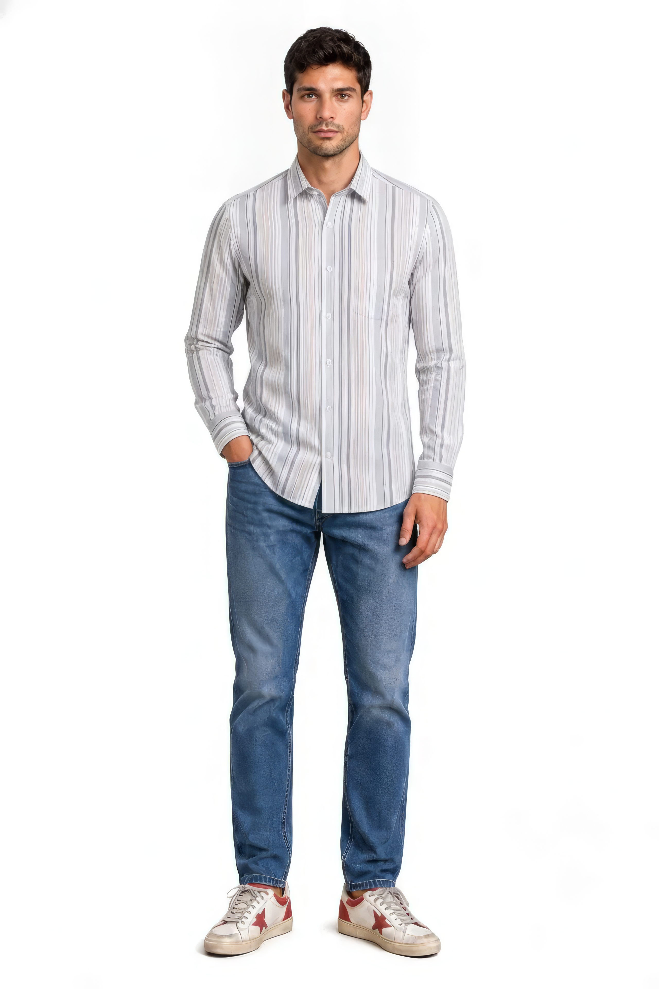 Men’s Grey Full Sleeve Vertical Striped Oxford Shirt