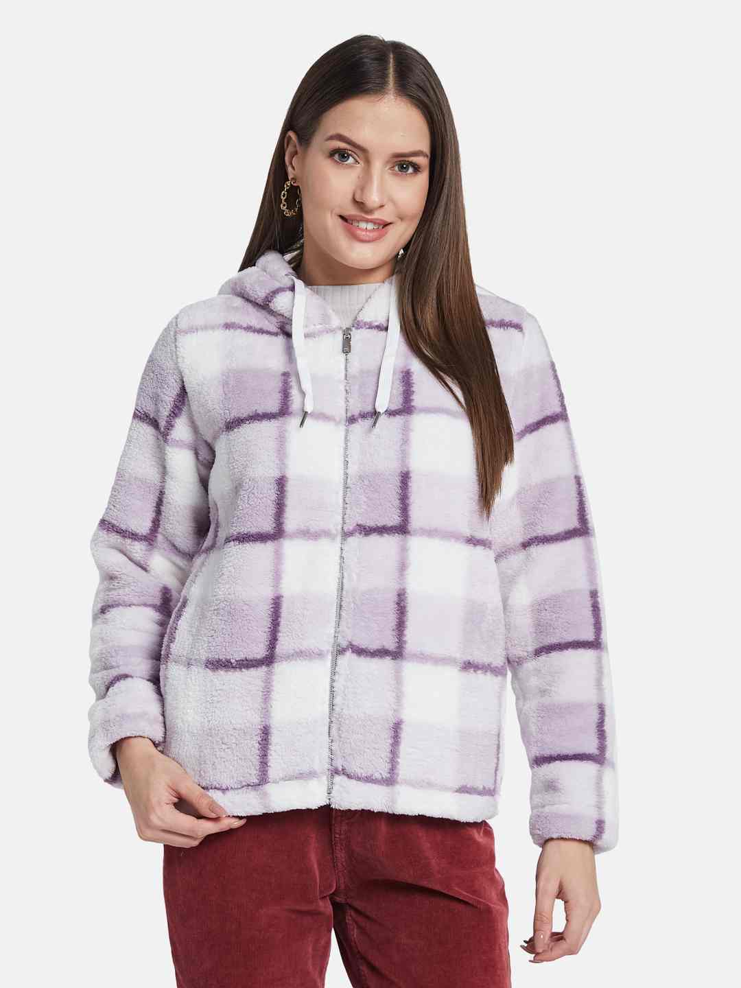METTLE Women Checked Hooded Sweatshirt