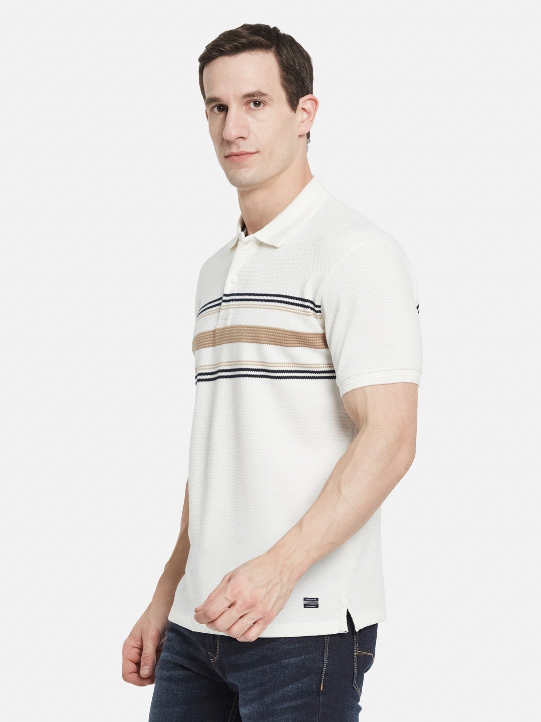 HORIZONTAL STRIPE POLO NECK POPCORN KNIT T-SHIRT