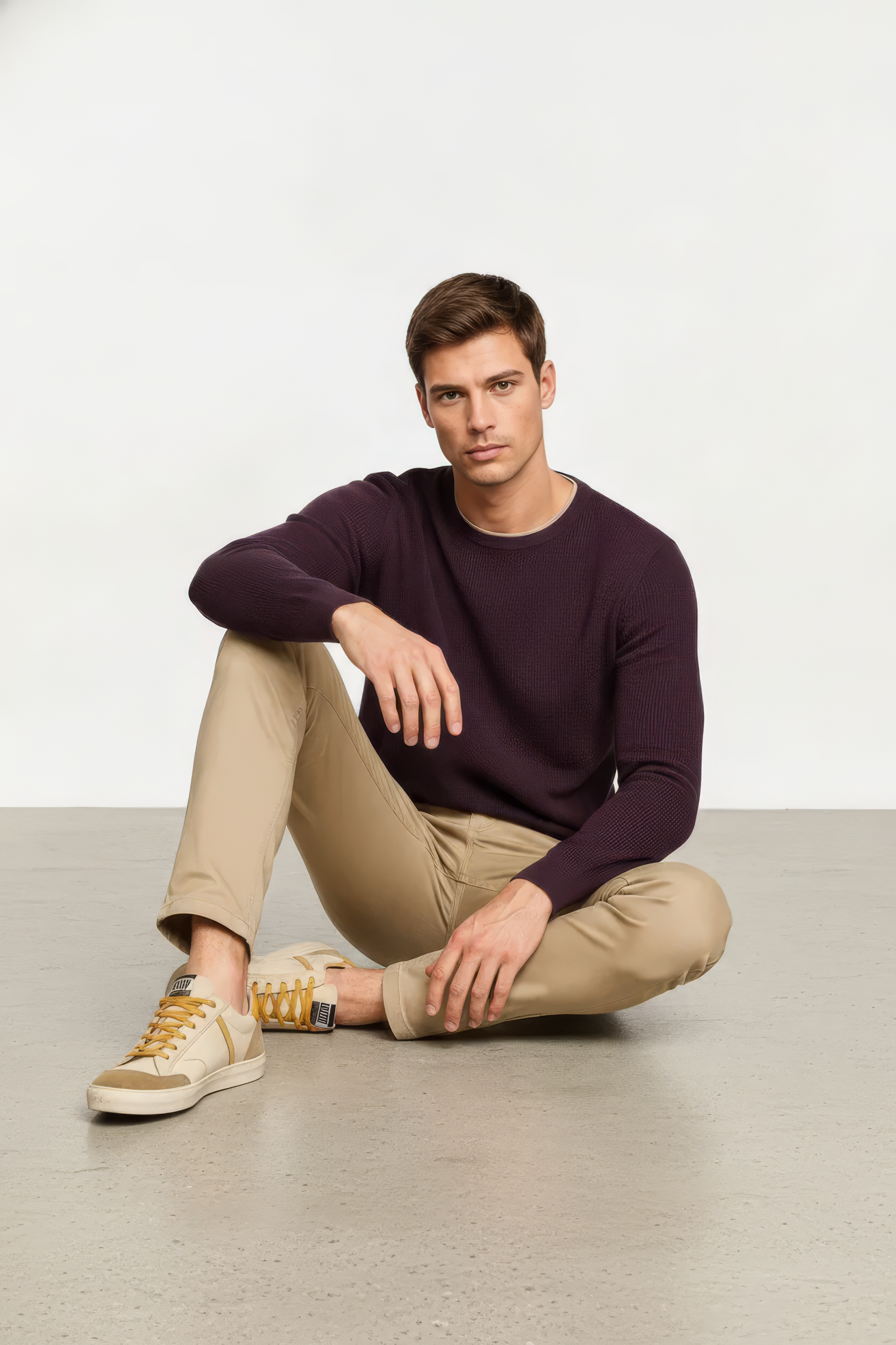 Men’s Wine Structured Cotton Round-Neck Full-Sleeve Winter Top