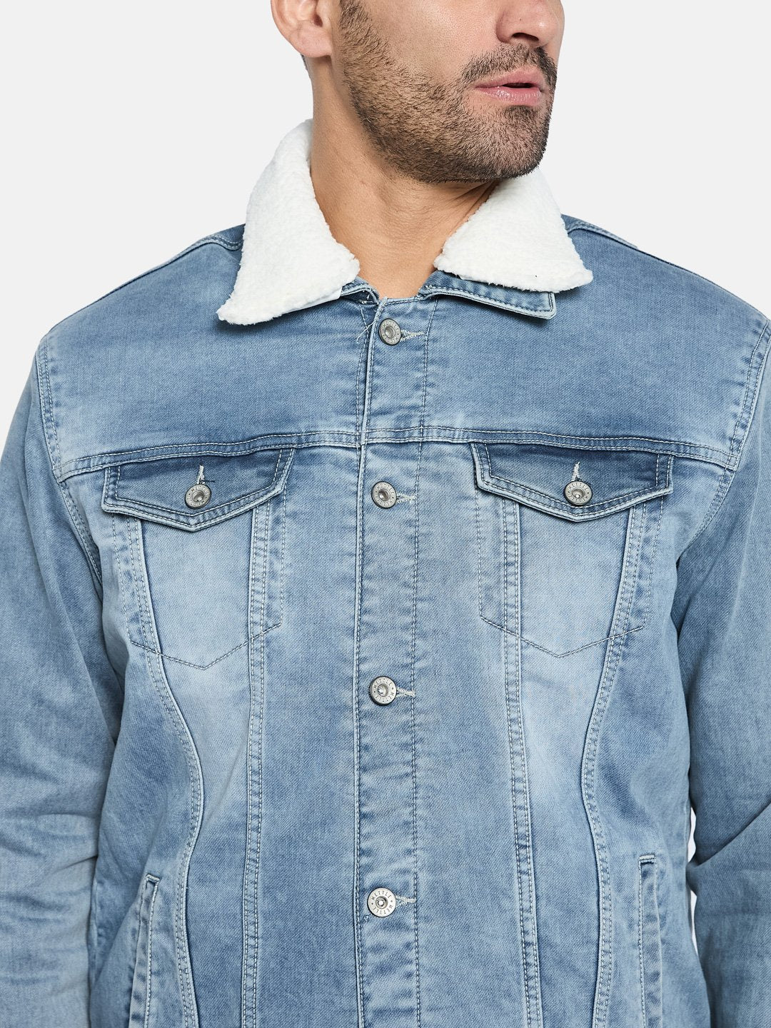 METTLE Men Spread Collar Washed Solid Cotton Casual Denim Jacket
