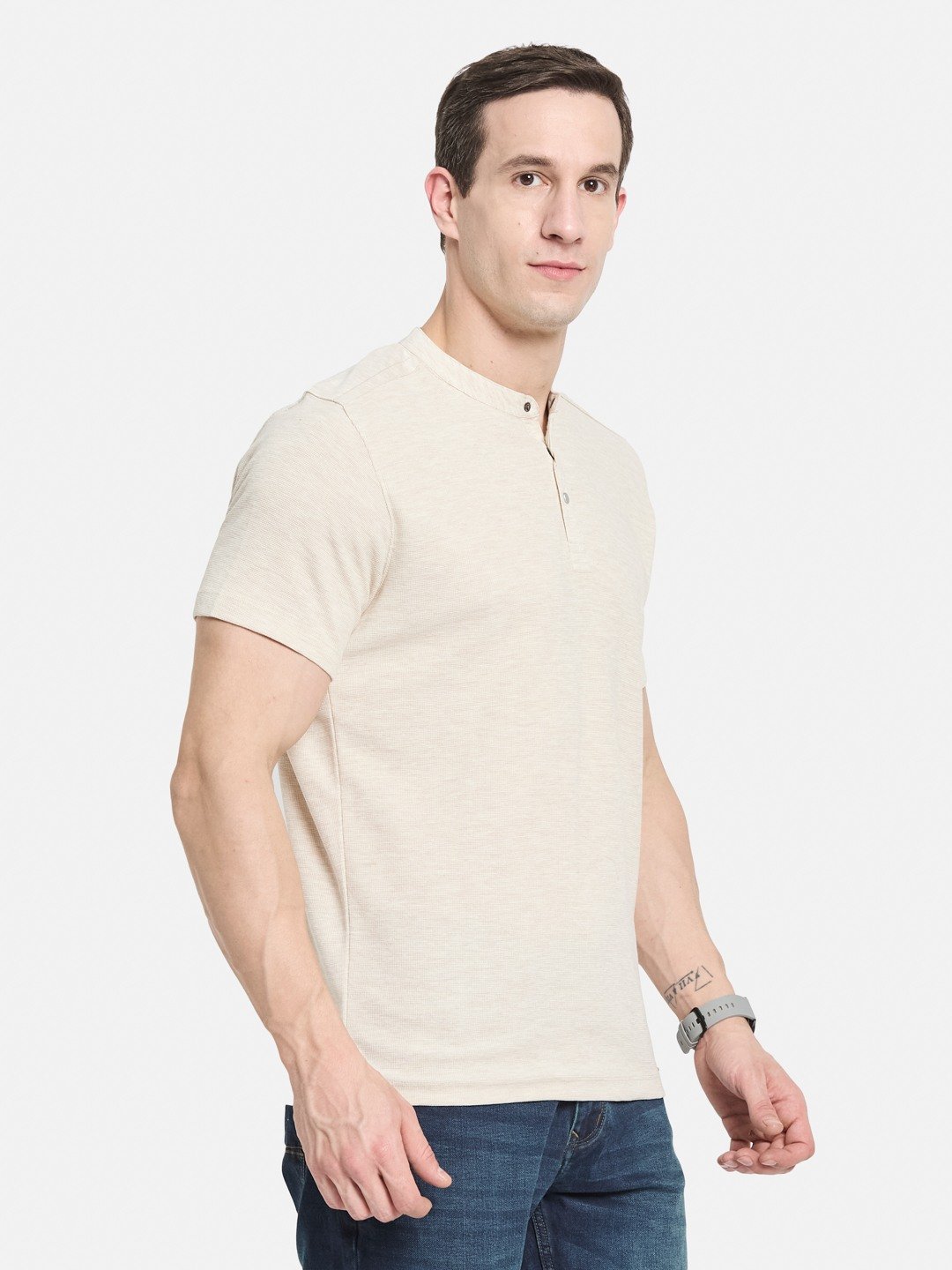 CORE HENLEY NECK WAFFLE KNIT T-SHIRT