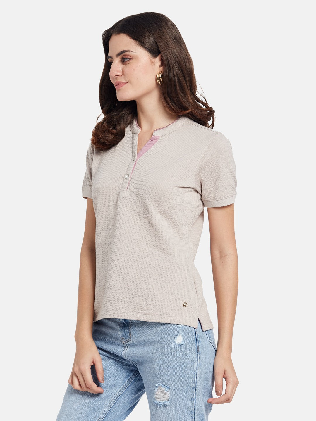 METTLE Self Design Mandarin Collar Cotton T-shirt