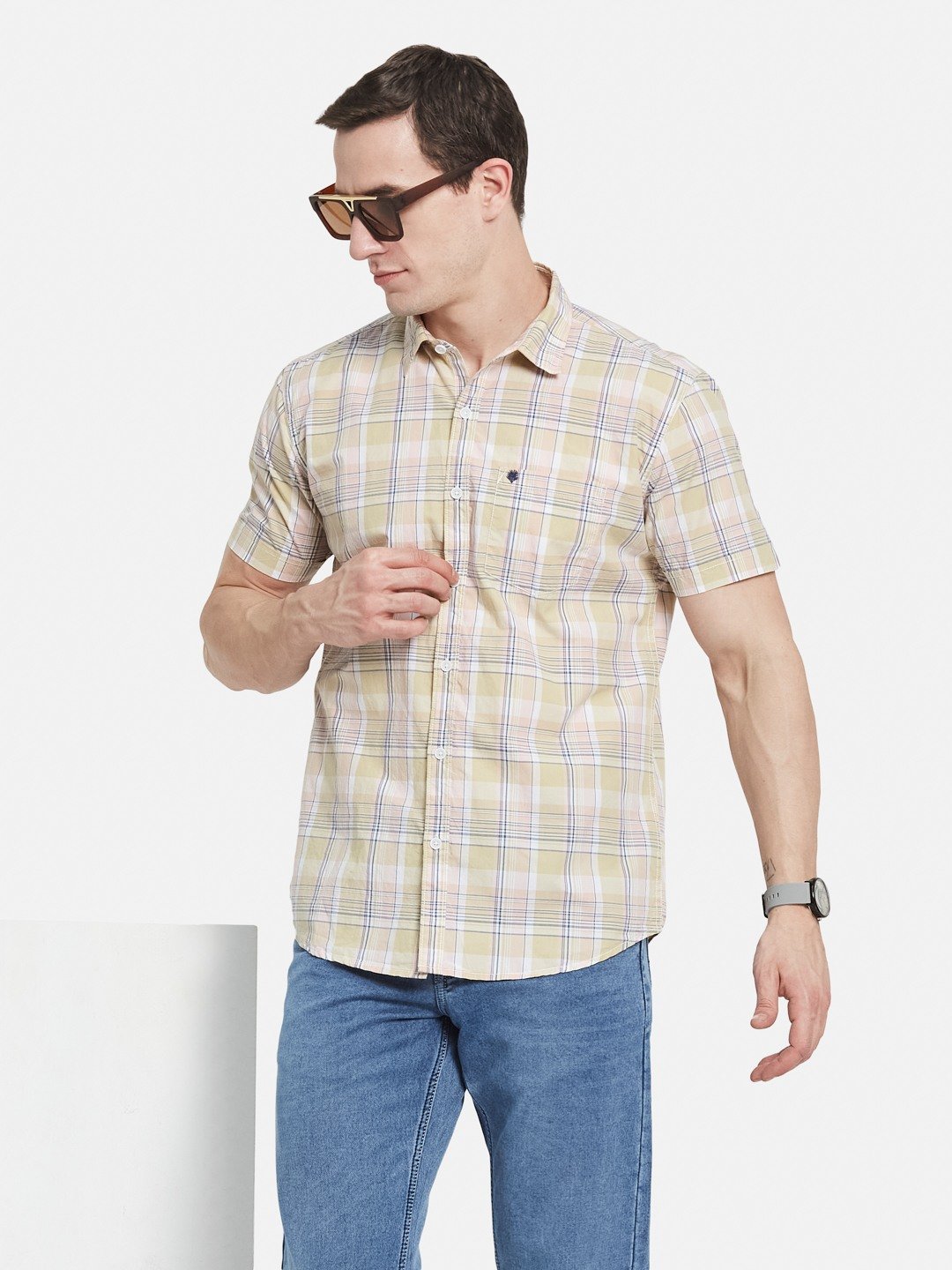 METTLE Men Spread Collar Checked Cotton Casual Shirt