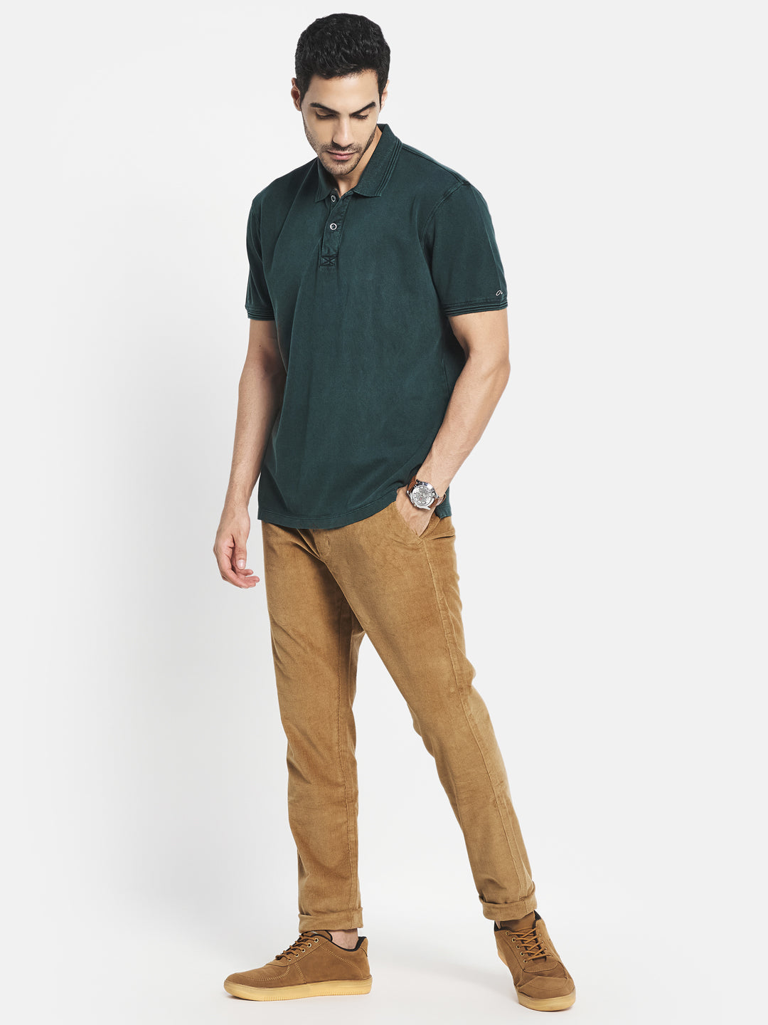 Octave Men Green Checked Polo Collar T-Shirt