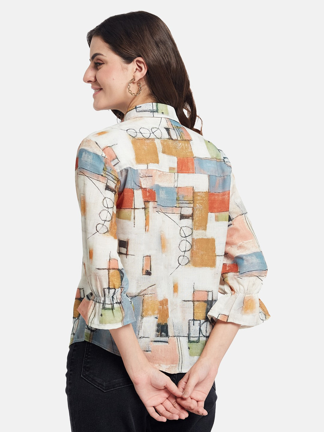 METTLE Women Abstract Printed Spread Collar Cotton Casual Shirt