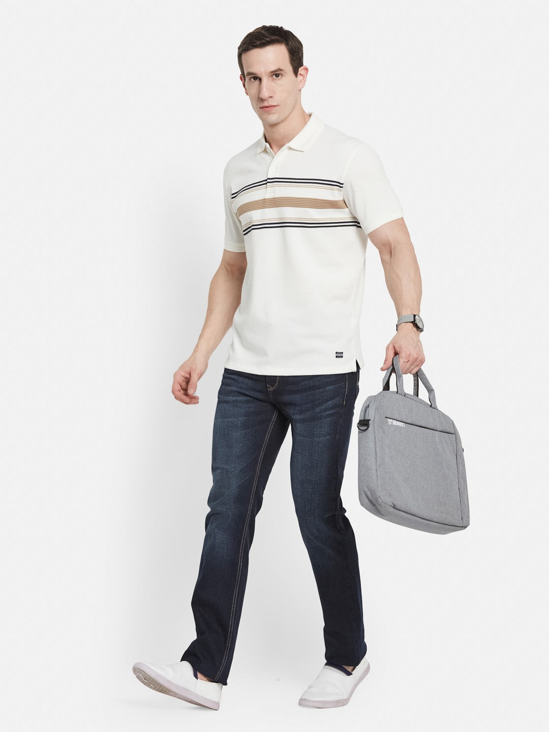 HORIZONTAL STRIPE POLO NECK POPCORN KNIT T-SHIRT