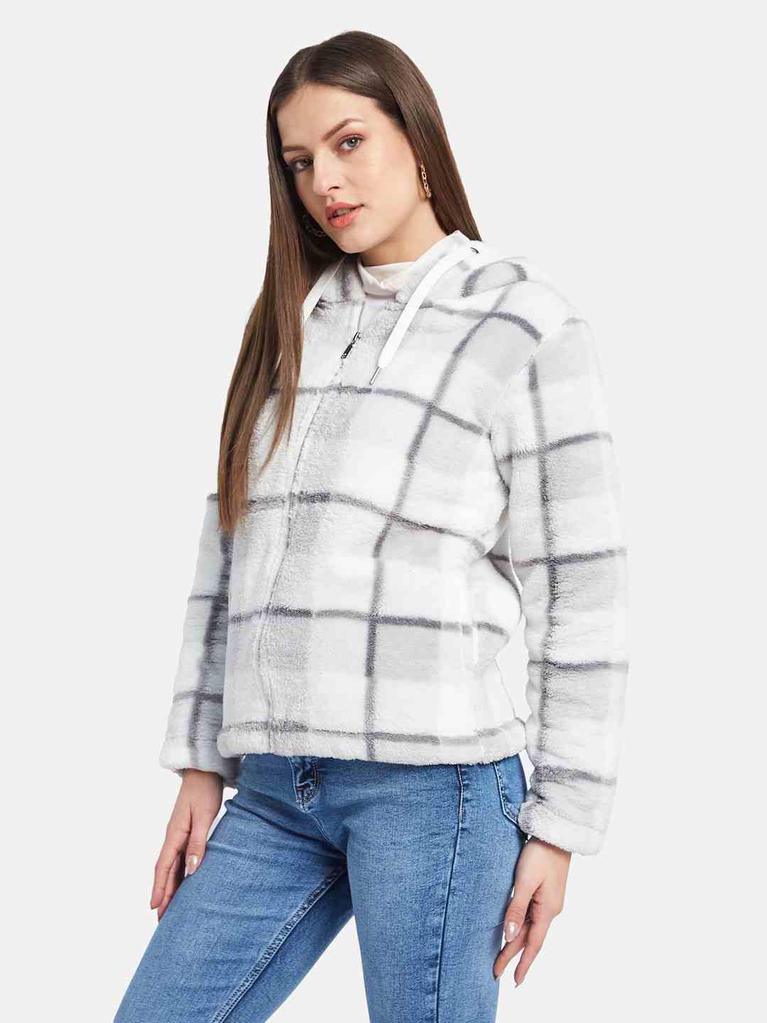 METTLE Women Checked Hooded Sweatshirt