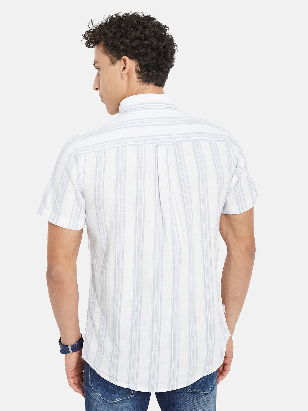 METTLE Striped Short Sleeves Spread Collar Cotton Opaque Regular Fit Casual Shirt