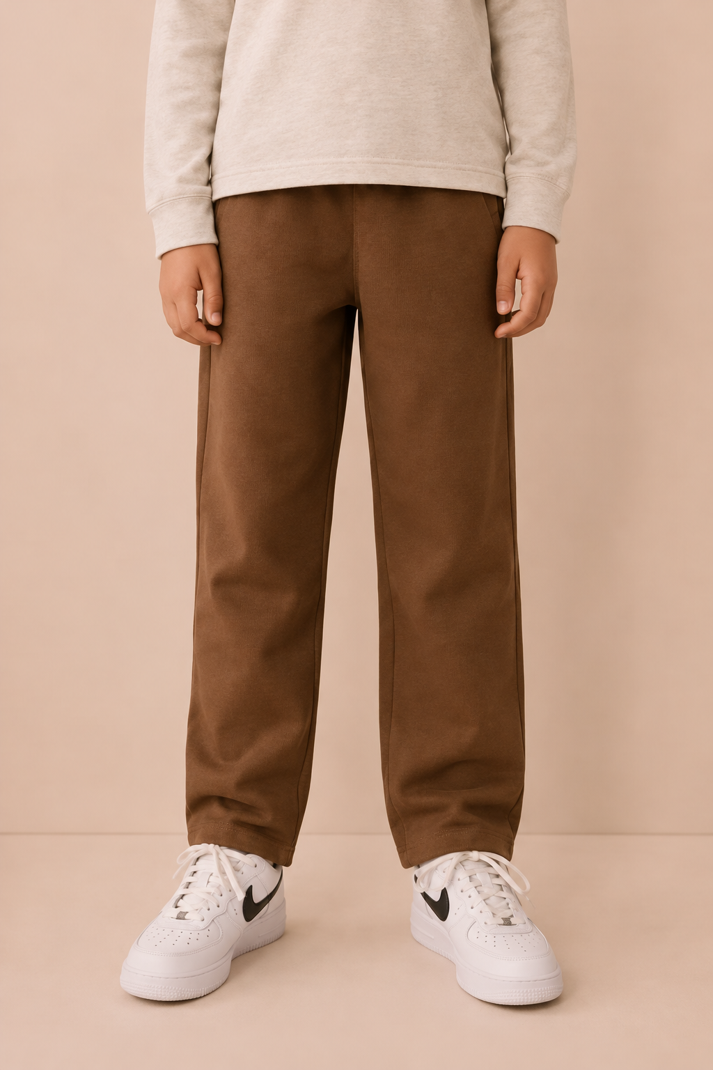 Junior Boys Tan German Velvet Knitted Lower – Regular Fit Drawstring Track Pants