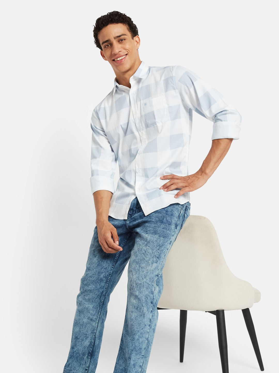 METTLE SS25 Checked Spread Collar Casual Cotton Shirt