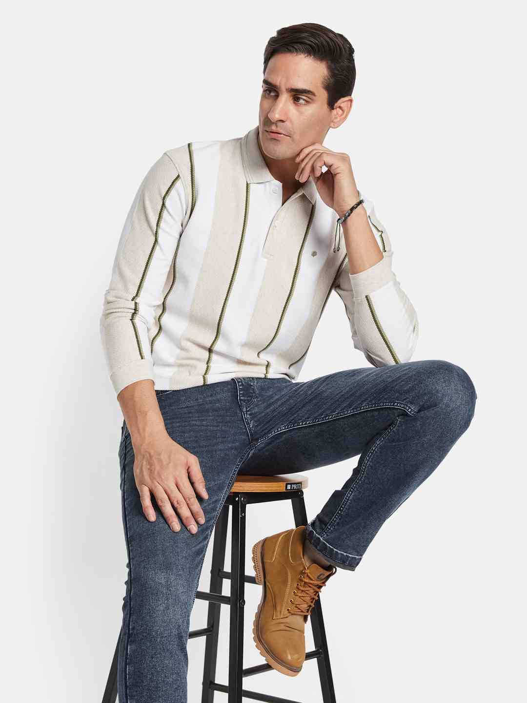 METTLE Men Striped Polo Collar T-shirt