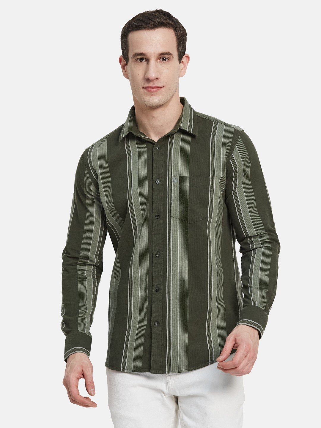 METTLE Men Spread Collar Vertical Striped Cotton Casual Shirt