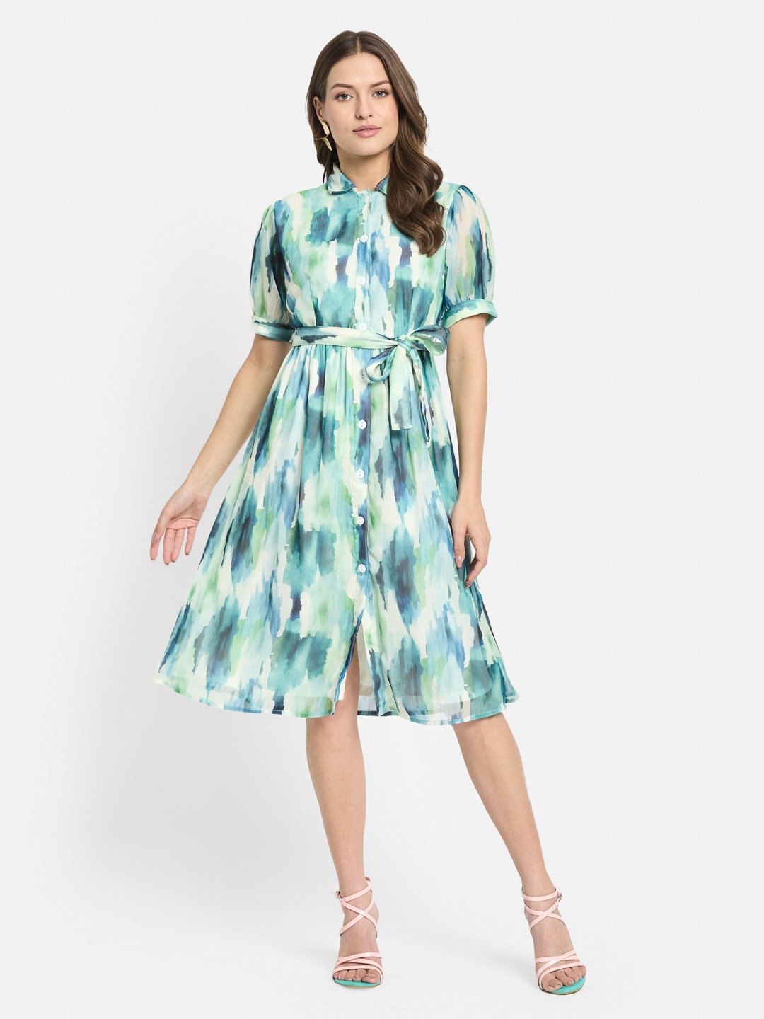 METTLE Women Print Shirt Collar Puff Sleeves Fit & Flare Dress