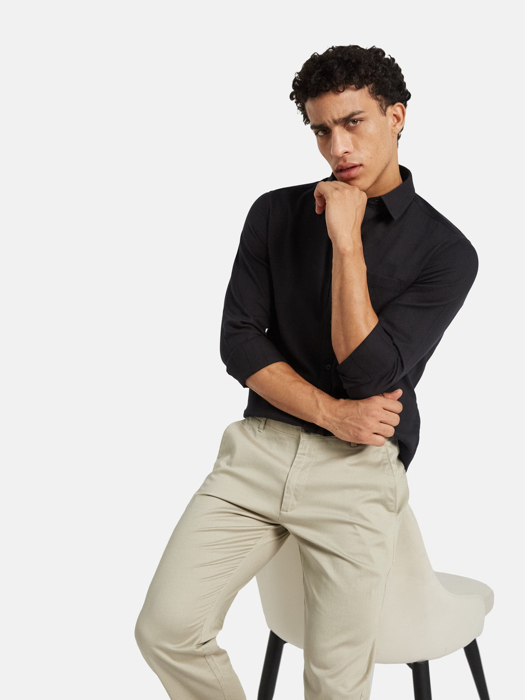 METTLE Men Textured Spread Collar Cotton Casual Shirt