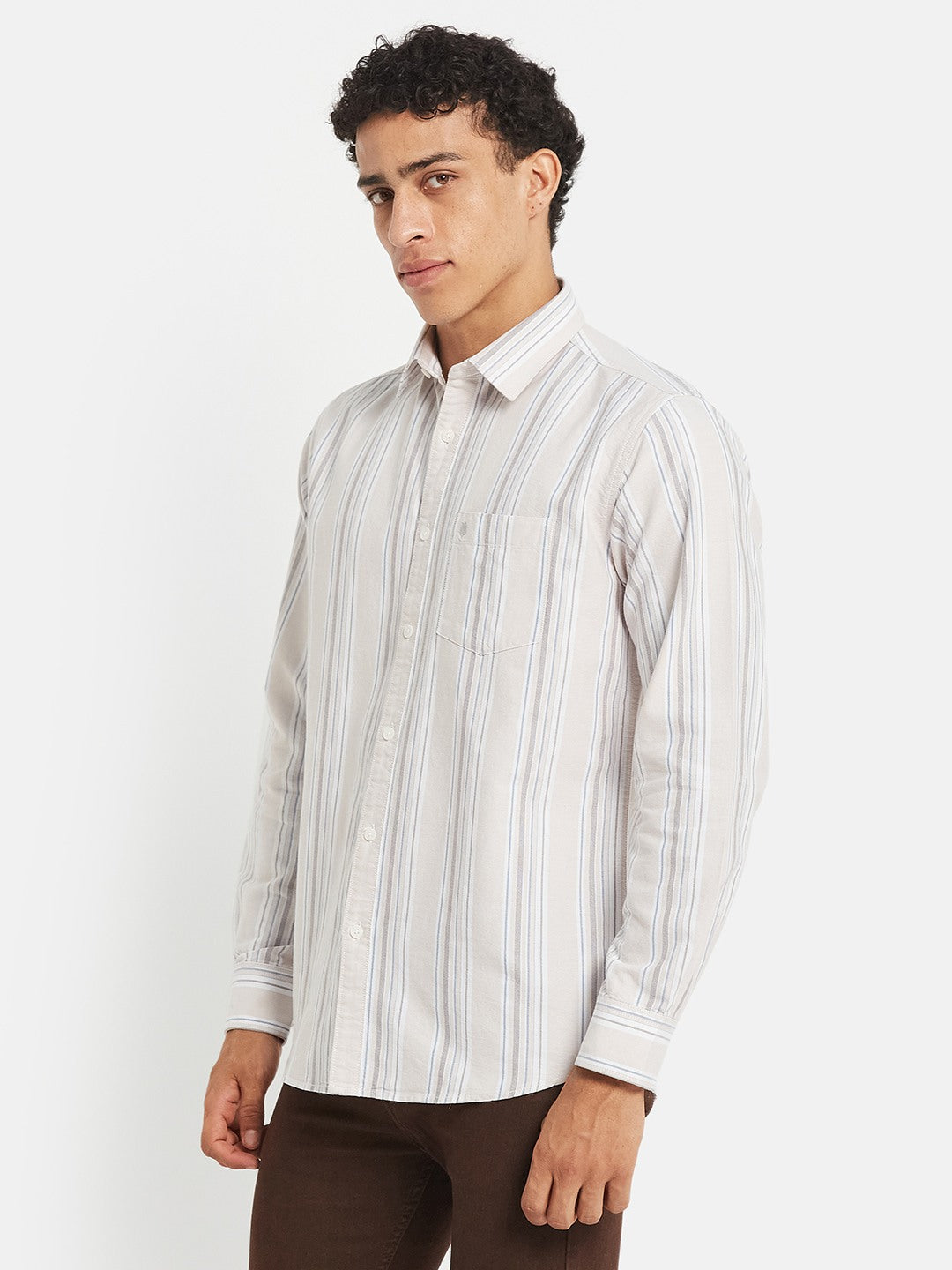 METTLE Men Vertical Striped Spread Collar Cotton Casual Shirt
