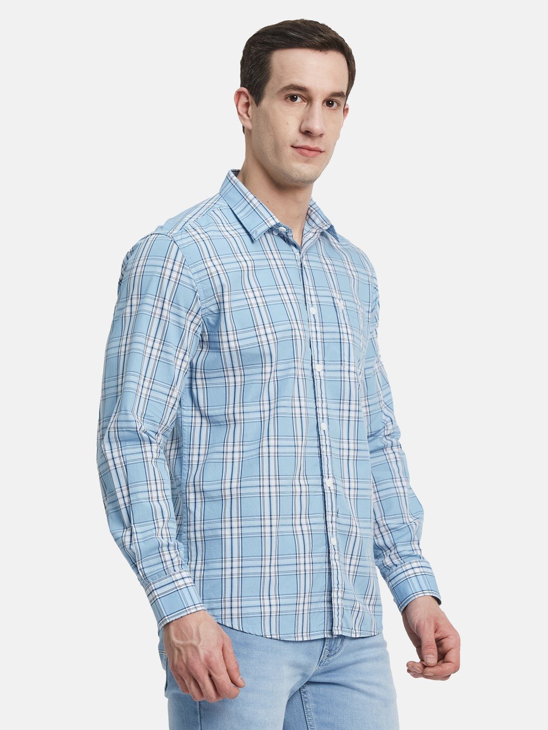 METTLE Men Spread Collar Tartan Checked Cotton Casual Shirt