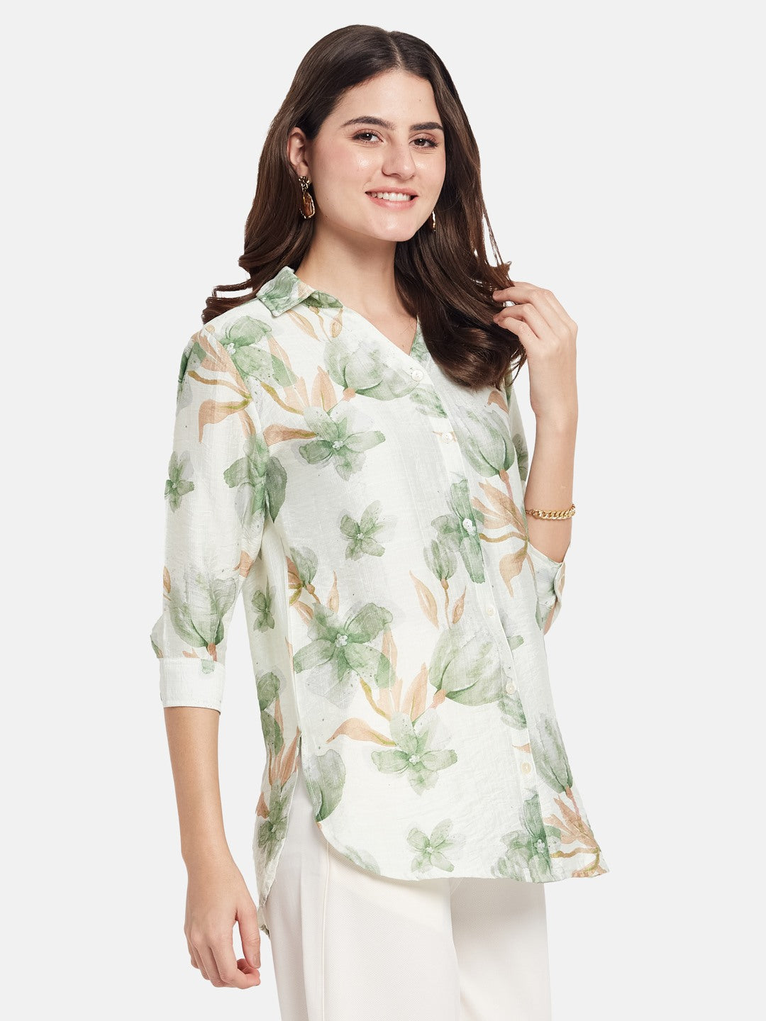 METTLE Women Floral Print Cotton Shirt Collar Shirt Style Top