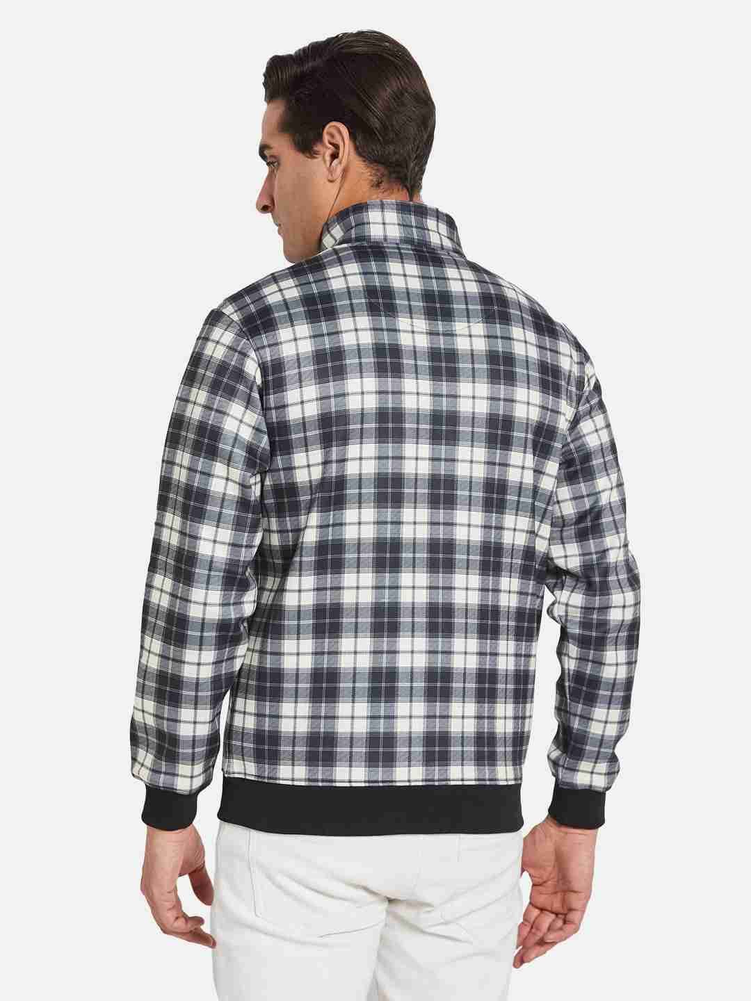 Octave Men Checked Mandarin Collar Front-Open Sweatshirt