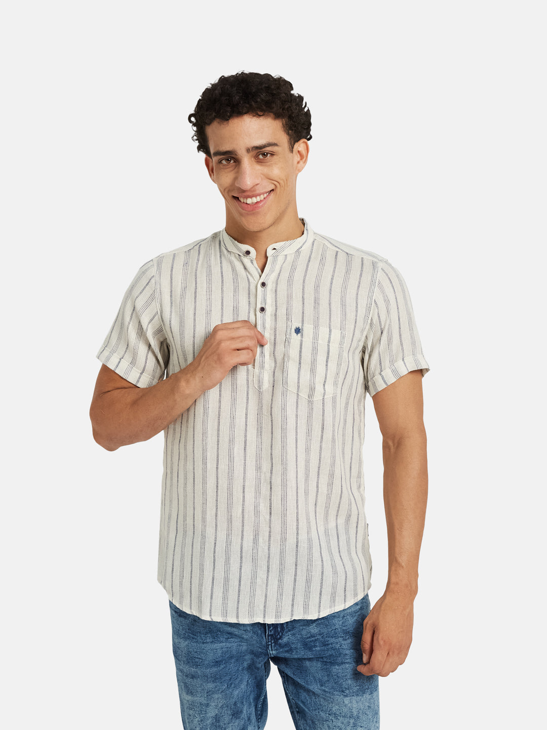 METTLE Striped Short Sleeves Mandarin Collar Cotton Opaque Regular Fit Casual Shirt