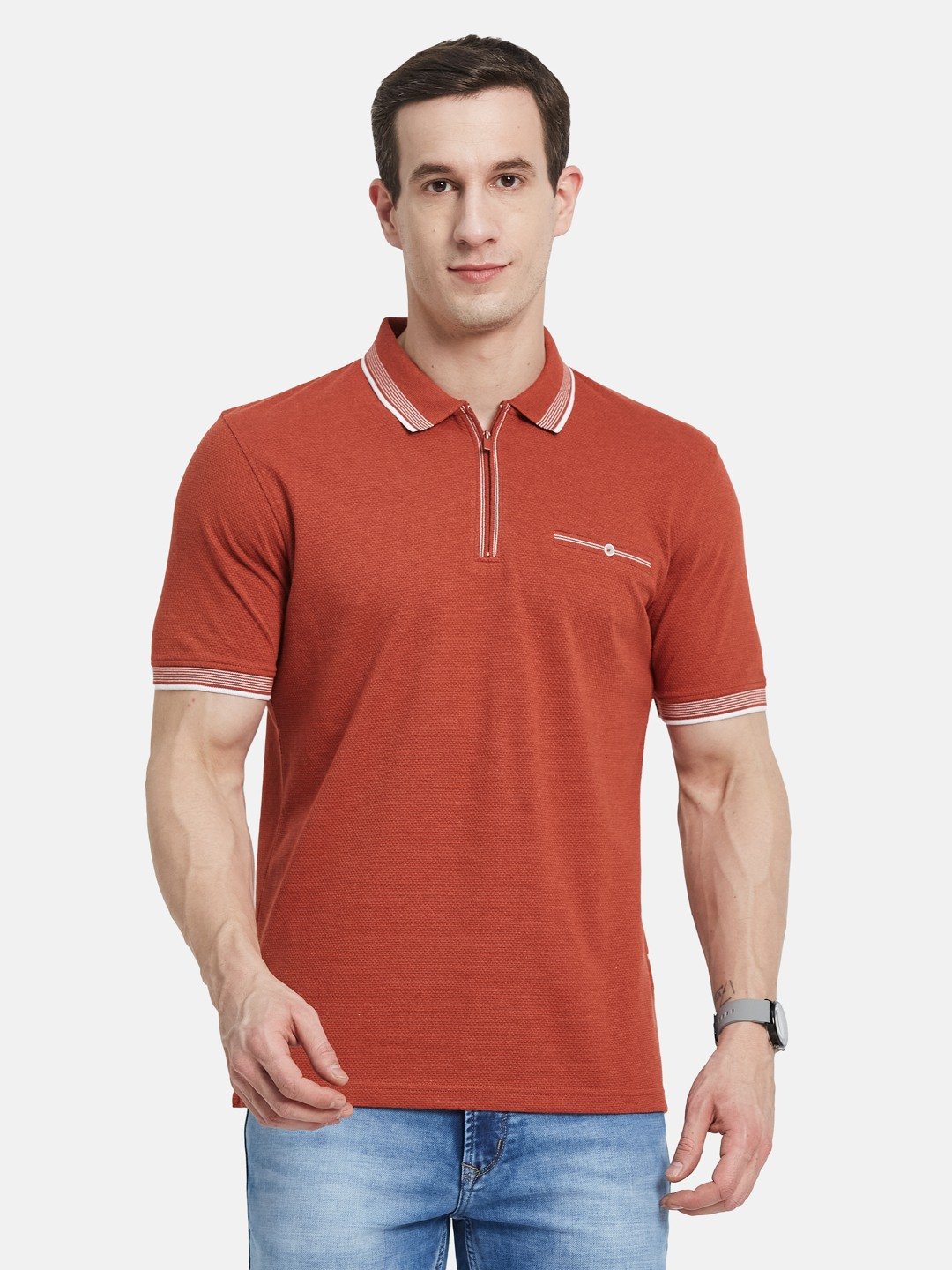 SOLID HALF-ZIP POLO NECK POPCORN KNIT T-SHIRT