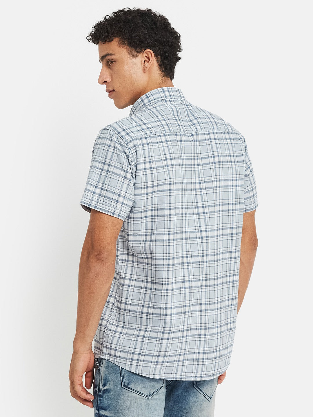 METTLE SS25 Checked Cotton Spread Collar Casual Shirt