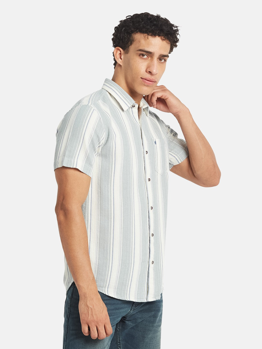 METTLE SS25 Vertical Striped Spread Collar Cotton Casual Shirt