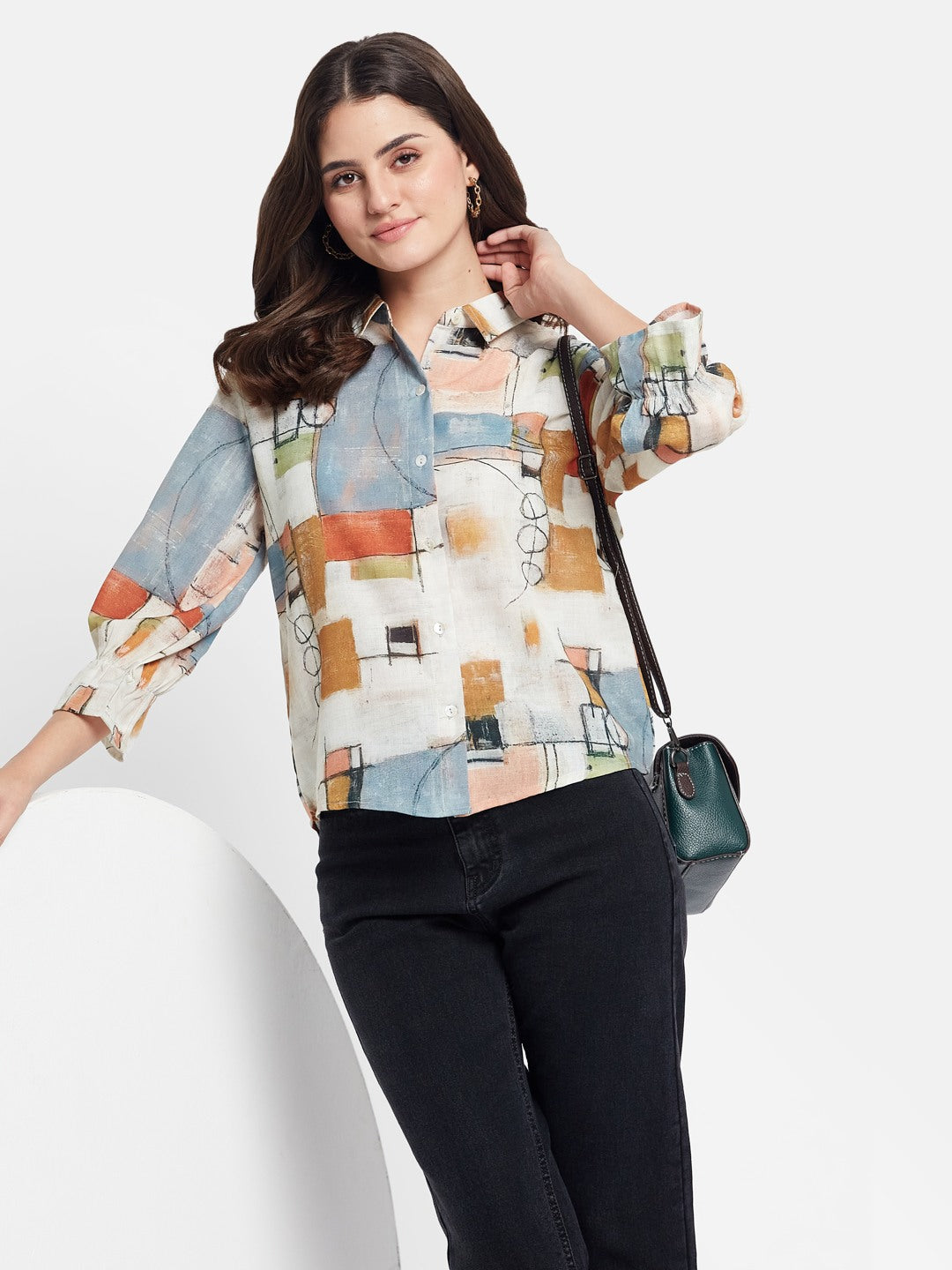 METTLE Women Abstract Printed Spread Collar Cotton Casual Shirt