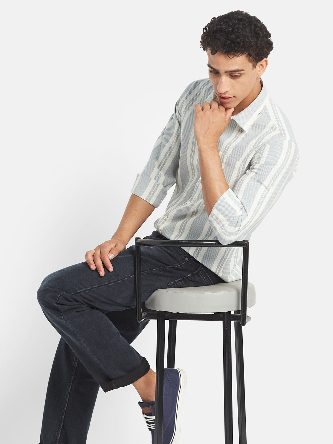 METTLE SS25 Stripped Printed Spread Collar Cotton Shirt