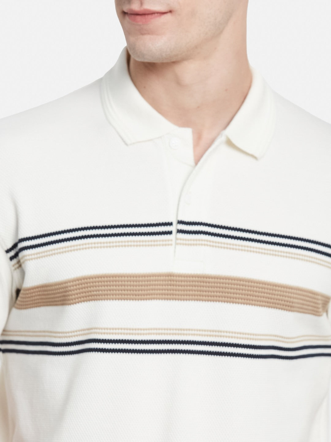 HORIZONTAL STRIPE POLO NECK POPCORN KNIT T-SHIRT