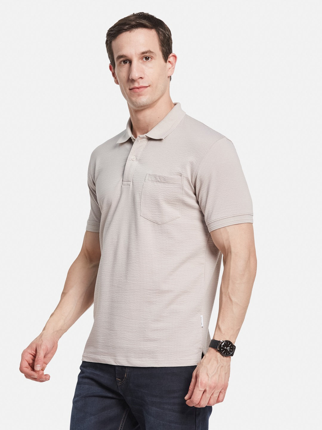 SOLID POLO NECK FRONT OPEN POCKET SEER SUCKER T-SHIRT
