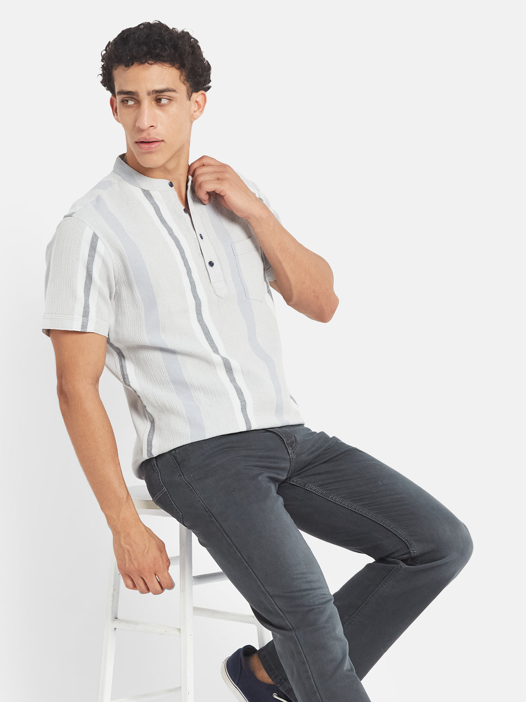 METTLE Men Striped Mandarin Collar Cotton T-shirt