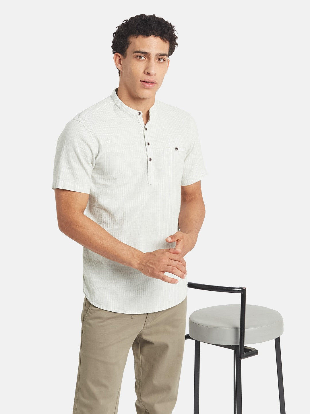 METTLE SS25 Vertical Striped Mandarin Collar Cotton Casual Shirt