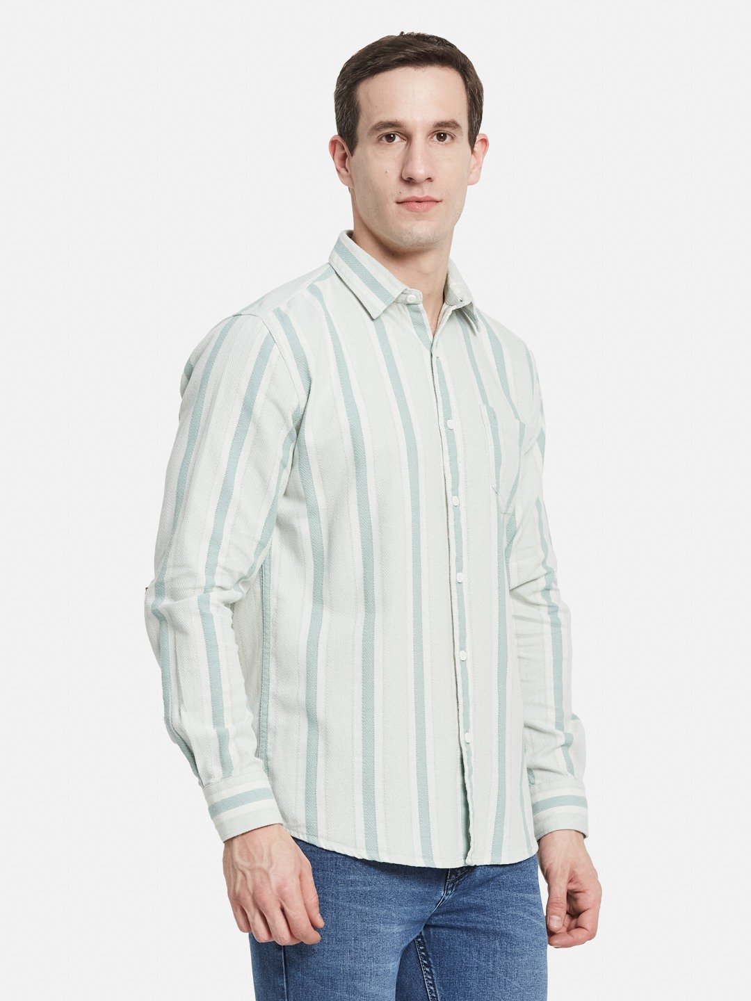 METTLE Men Spread Collar Vertical Striped Cotton Casual Shirt